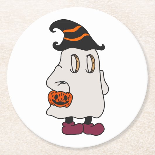 Ghost holding pumpkin and wearing witch hat runder pappuntersetzer (Vorderseite)