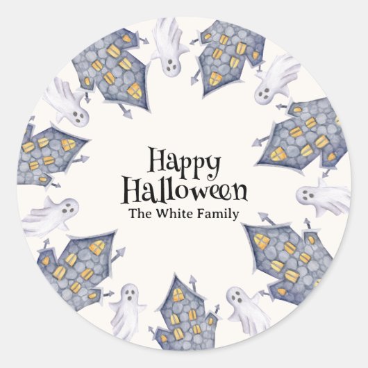Ghost House Happy Halloween Custom Familienname Runder Aufkleber (Vorderseite)