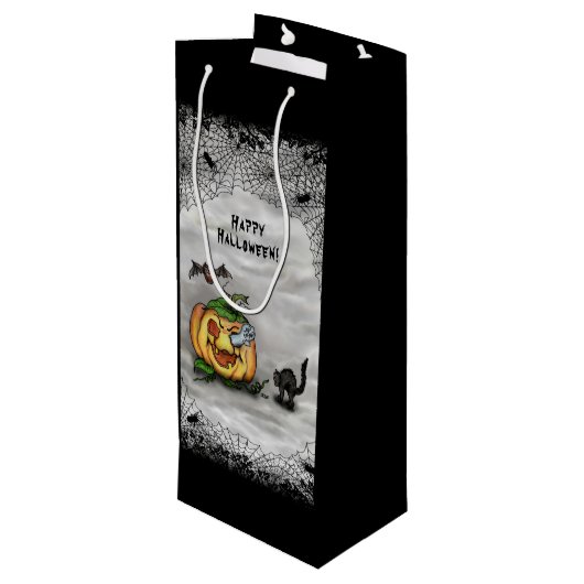 Ghost , Katze , Bat and Pumpkin , Glückliches Hall Geschenktüte Für Weinflaschen (Rückseite Schrägansicht)