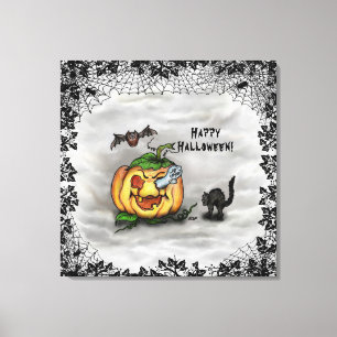 Ghost , Katze , Bat and Pumpkin , Glückliches Hall Leinwanddruck