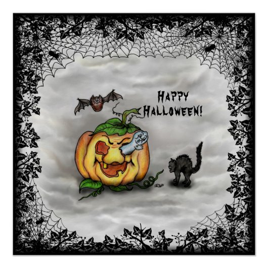Ghost , Katze , Bat and Pumpkin , Glückliches Hall Poster (Vorderseite)