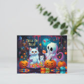 Ghost Kitten Pumpkin Candy Halloween Feiertagspostkarte (Stehend Vorderseite)