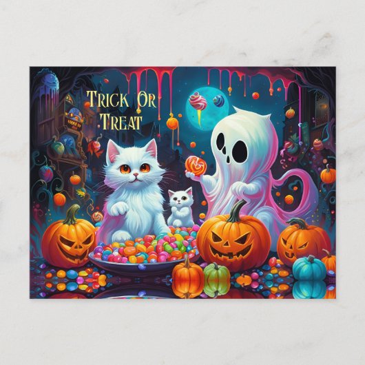 Ghost Kitten Pumpkin Candy Halloween Feiertagspostkarte (Vorderseite)