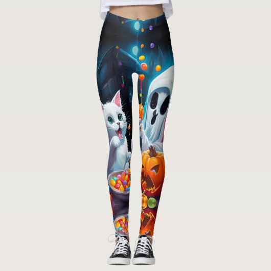 Ghost Kitten Pumpkin Candy Halloween Leggings (Vorderseite)