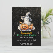 Ghost mit grauen Hexen Hat Black Halloween Einladung (Stehend Vorderseite)