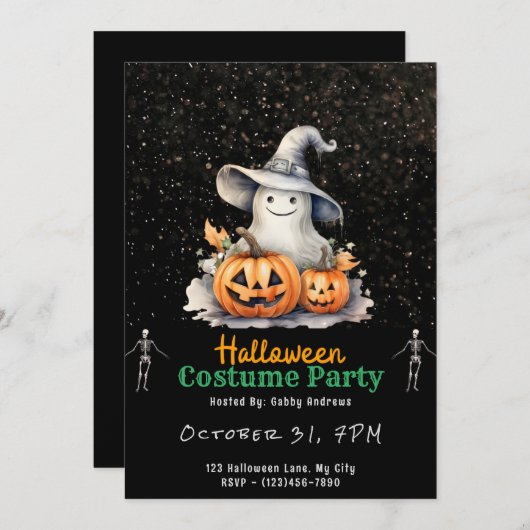 Ghost mit grauen Hexen Hat Black Halloween Einladung (Vorne/Hinten)