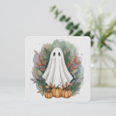 Ghost mit Pumpkins und Autumn Leaves Flat Card (Stehend Vorderseite)