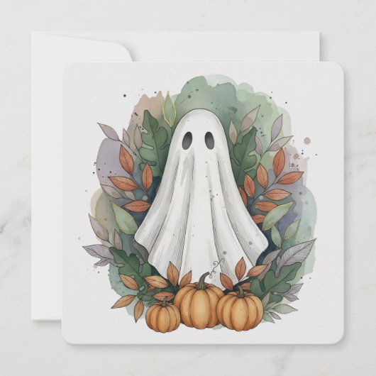 Ghost mit Pumpkins und Autumn Leaves Flat Card (Vorderseite)