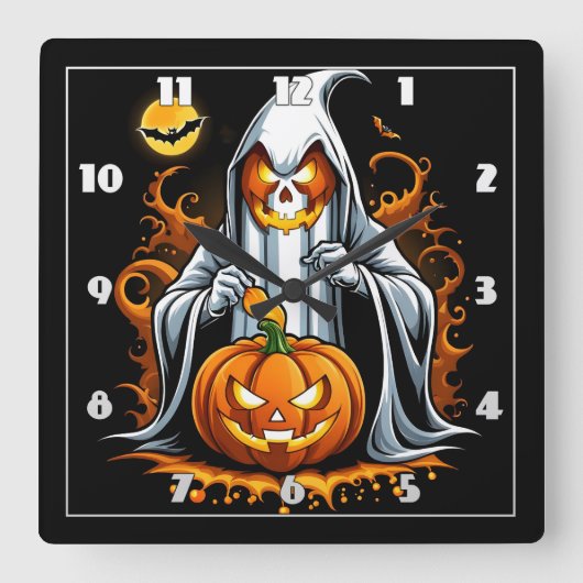 Ghost preppt Kürbis zu Halloween! Quadratische Wanduhr (Vorderseite)