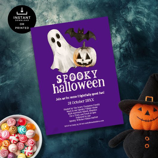 Ghost Pumpkin Bat Spooky Halloween Lila Einladung