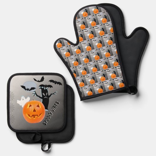 Ghost Pumpkin Bats Halloween Kitchendesign Ofenhandschuh & Topflappen-Set (Vorderseite/Rückseite)