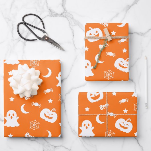 Ghost Pumpkin Spider Moon Orange Halloween Muster Geschenkpapier Set (Vorderseite)