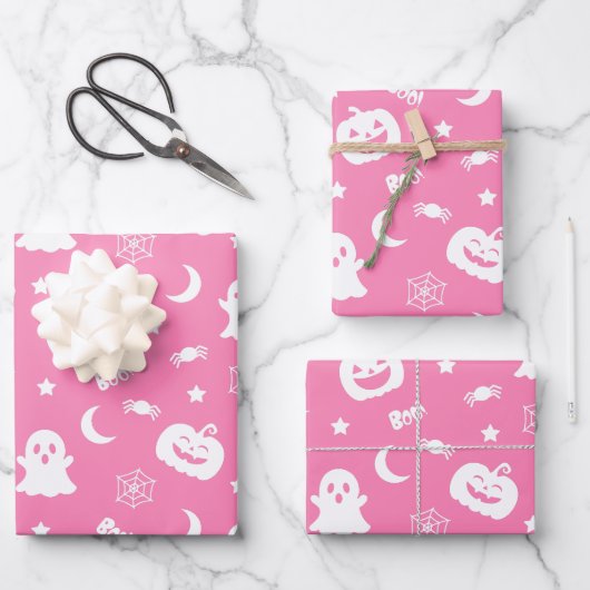 Ghost Pumpkin Spider Moon Pink Halloween Muster Geschenkpapier Set (Vorderseite)