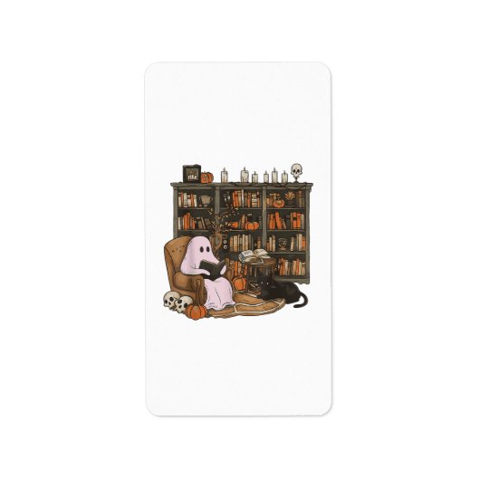 Ghost Reading Book Cat Liebhaber Halloween Adressaufkleber (Vorne)