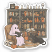 Ghost Reading Book Cat Liebhaber Halloween Aufkleber (Vorderseite)