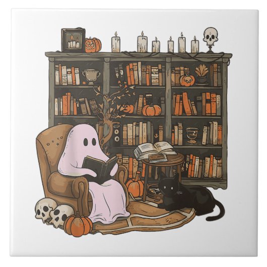 Ghost Reading Book Cat Liebhaber Halloween Fliese (Vorderseite)