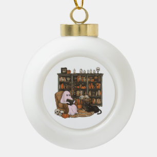 Ghost Reading Book Cat Liebhaber Halloween Keramik Kugel-Ornament