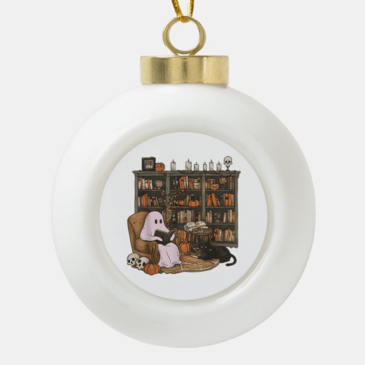 Ghost Reading Book Cat Liebhaber Halloween Keramik Kugel-Ornament (Vorderseite)