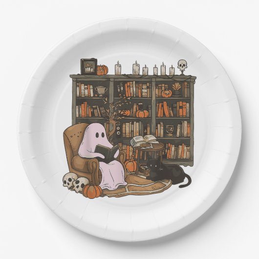Ghost Reading Book Cat Liebhaber Halloween Pappteller (Vorderseite)