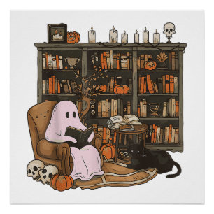 Ghost Reading Book Cat Liebhaber Halloween Poster