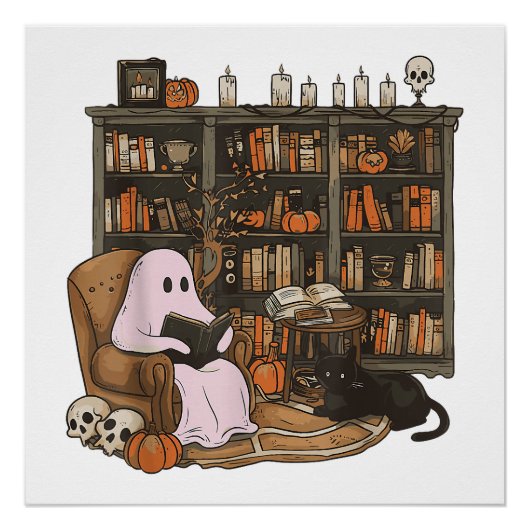 Ghost Reading Book Cat Liebhaber Halloween Poster (Vorderseite)