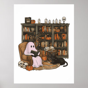 Ghost Reading Book Cat Liebhaber Halloween Poster