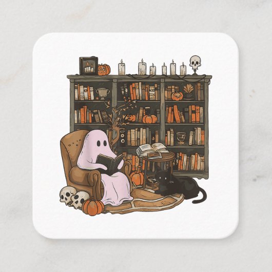 Ghost Reading Book Cat Liebhaber Halloween Quadratische Visitenkarte (Vorderseite)