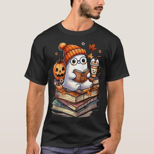 Ghost Reading Book Lovers Autumn Fall Halloween T-Shirt (Vorderseite)