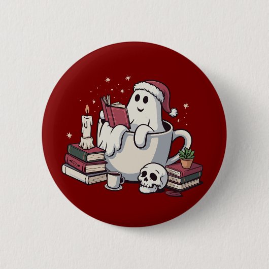 Ghost Reading Books Weihnachtslehrer Bookworm Button (Vorderseite)