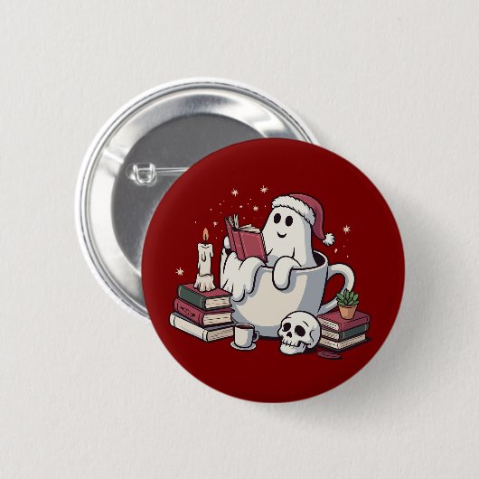 Ghost Reading Books Weihnachtslehrer Bookworm Button (Vorne & Hinten)