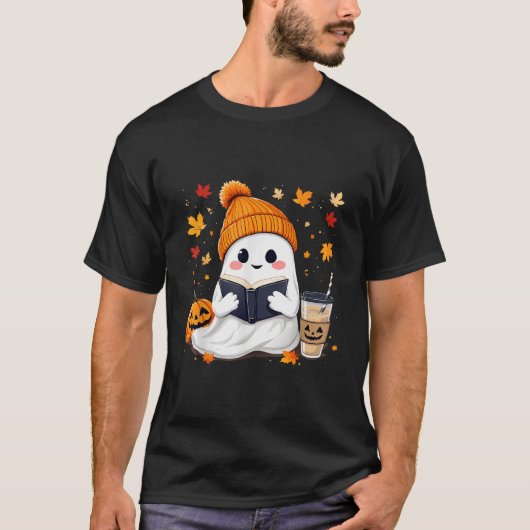 Ghost Reading Buch mit Herbstlauben Halloween Ghos T-Shirt (Vorderseite)