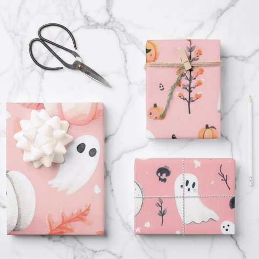 Ghost rosa Helloween Wrapping Paper Sheets Geschenkpapier Set (Vorderseite)