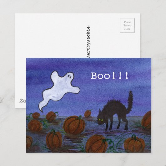 Ghost und Black Cat im Pumpkin Patch Postkarte (Vorne/Hinten)