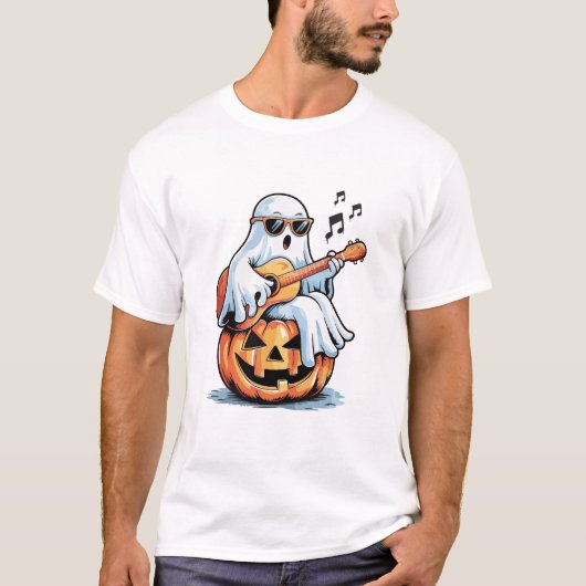 Ghost with Guitar Cool Halloween Music T-Shirt (Vorderseite)