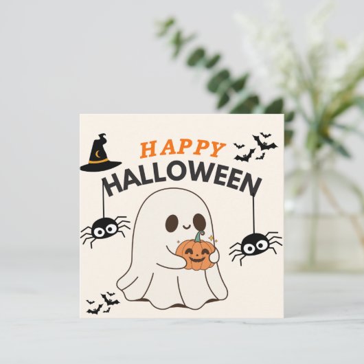 Ghost with Pumpkin - Happy Halloween Design Save The Date (Stehend Vorderseite)