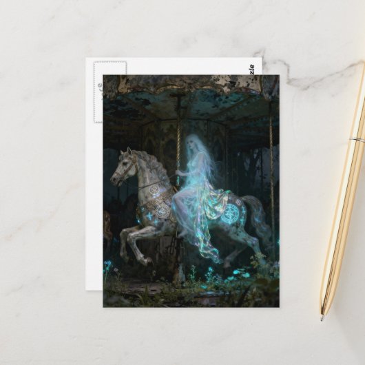 Ghost Woman on Abandoned Carousel Postkarte (Vorderseite/Rückseite Beispiel)