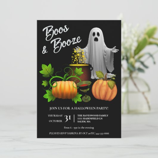 Ghosted Boos und Booze Halloween-Party Einladung (Stehend Vorderseite)