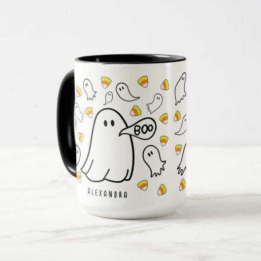 Ghosts and Candy Corn Custom Name Tasse (Vorderseite Links)
