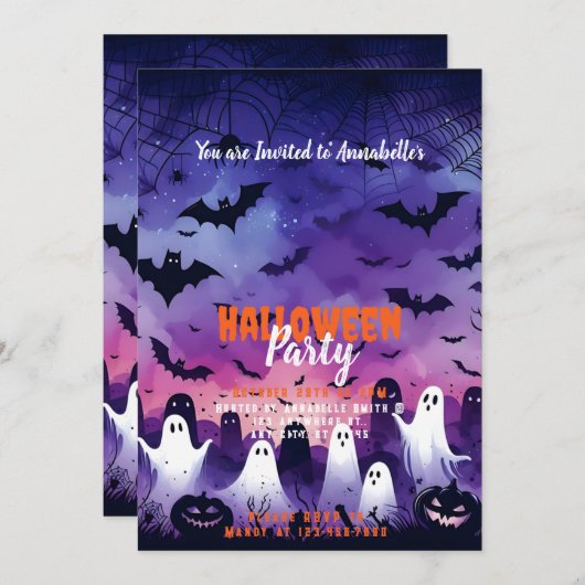 Ghosts Bats Pumpkins Sky Halloween-Party Einladung (Vorne/Hinten)