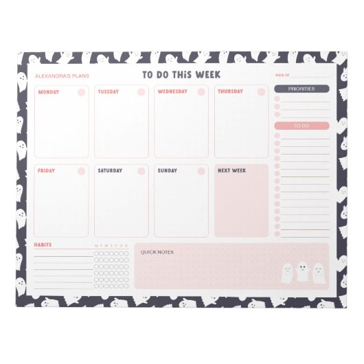 Ghosts Halloween Weekekly to Do List Planner Notizblock (Vorderseite)