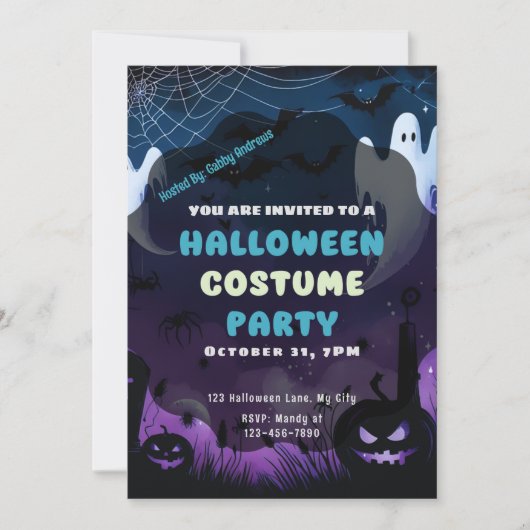Ghosts Spidernetze Pumpkins Lila blaues Halloween Einladung (Vorderseite)