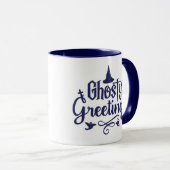 Ghotly Greetings Dark Blue und White Halloween Tasse (VorderseiteRechts)