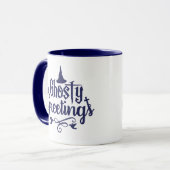 Ghotly Greetings Dark Blue und White Halloween Tasse (Vorderseite Links)