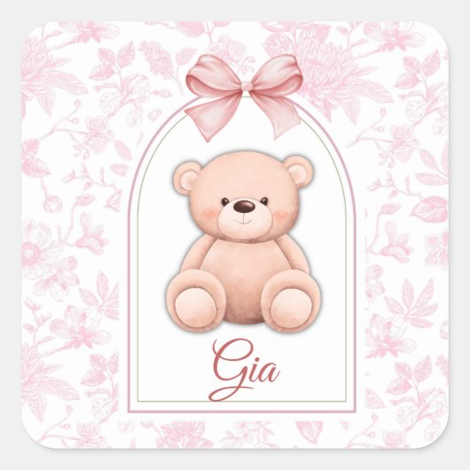 Gia | Benutzerdefiniertes rosa Teddy-Bär-Kinderzim Quadratischer Aufkleber (Vorderseite)