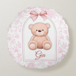 Gia | Benutzerdefiniertes rosa Teddy-Bär-Kinderzim Rundes Kissen