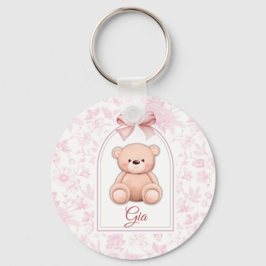 Gia | Benutzerdefiniertes rosa Teddy-Bär-Kinderzim Schlüsselanhänger (Vorderseite)