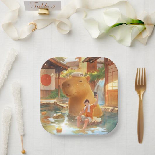 Giant Capybara - Hot Spring Illustration Pappteller (Hochzeit)