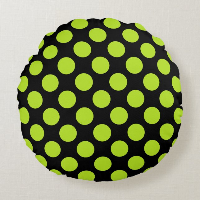 Giant Lime Green Polka Dots on Black Round Pillow Rundes Kissen (Vorderseite)