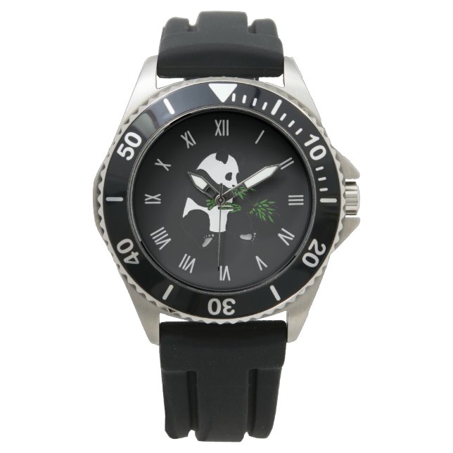 Giant Panda isst Bamboo Black Armbanduhr (Vorderseite)