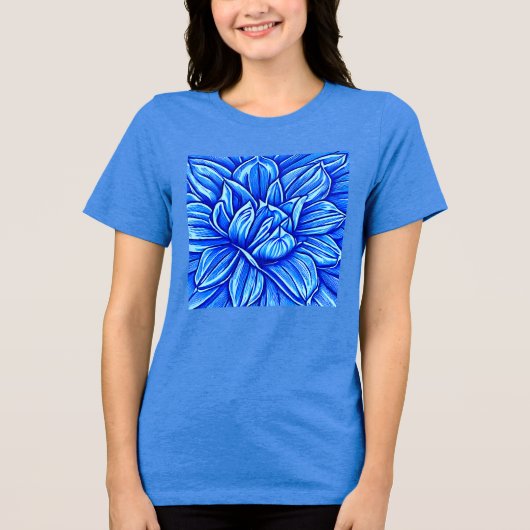 Giant Peony Blume Muster in Indigo Blue Tri-Blend Shirt (Vorderseite)